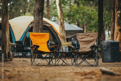 Two chairs are sitting in front of a tent in a forest