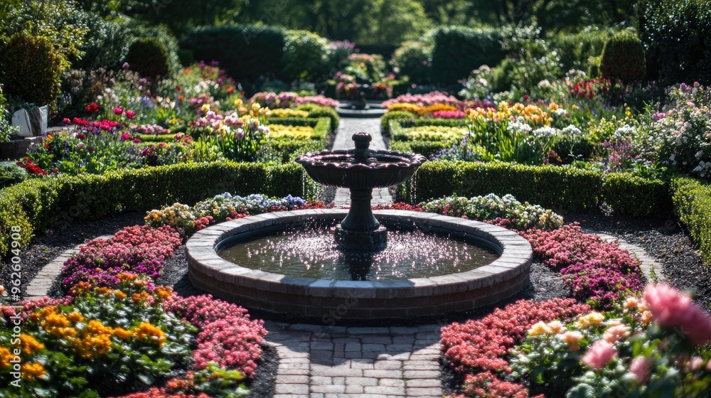 Beautifully manicured garden with colorful flowerbeds, trimmed hedges, and a small water fountain in the center. Beautifully manicured garden with colorful flowerbeds, trimmed hedges, and a small water fountain in the center.