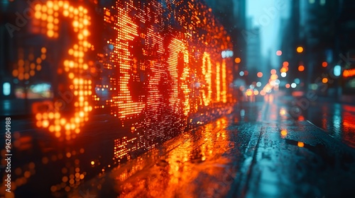 Closeup of a glowing digital display with an orange hue reflecting on a wet city street at night.