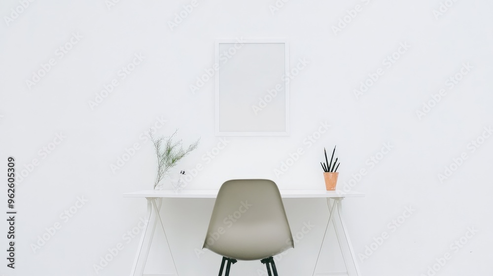 Bright and airy white office space with a minimalist desk, ergonomic chair, and a small potted plant. Bright and airy white office space with a minimalist desk, ergonomic chair, and a small potted plant.
