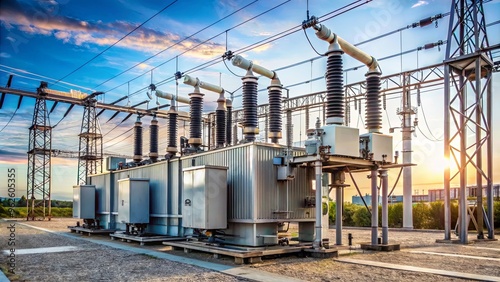 High voltage power transformer substation in a industrial setting with electrical equipment and power lines