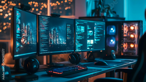 Night Cityscape on Three Monitors in a Gaming Setup - Realistic Photo