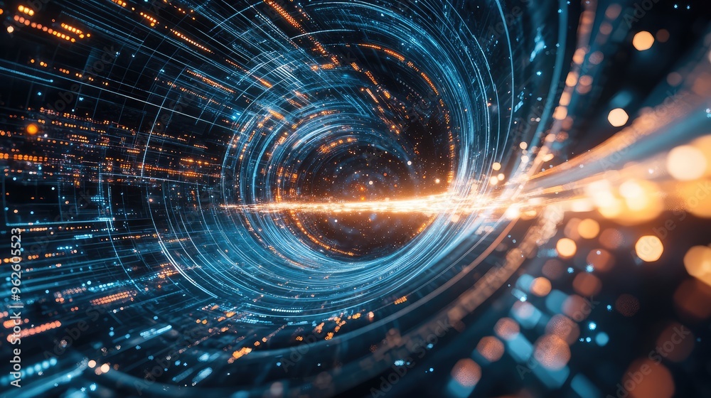 Obraz premium Drone-captured digital vortex with intricate technology lines creating a fast-paced channel of data, emphasizing a high-tech atmosphere