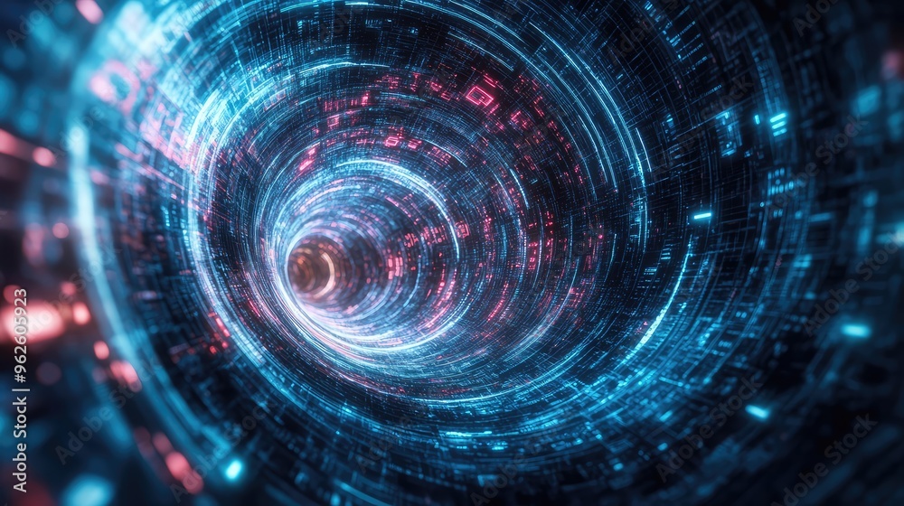 Wide-angle drone view of a vibrant digital vortex, showcasing advanced technology lines and a futuristic sense of digital flow Wide-angle drone view of a vibrant digital vortex, showcasing advanced technology lines and a futuristic sense of digital flow