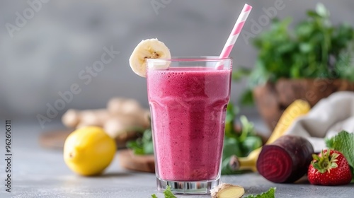 A refreshing beetroot smoothie with berries, banana, and ginger. photo