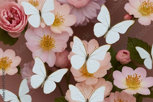 Delicate White Butterflies Surrounded by Pastel Flowers with Golden Accents
