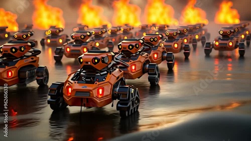 Wallpaper Mural Robot Uprising: A legion of futuristic orange robots advance menacingly through fire and destruction in this AI-themed image.  Torontodigital.ca