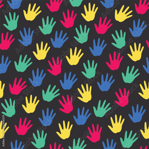 seamless pattern of colorful handprints on black background
