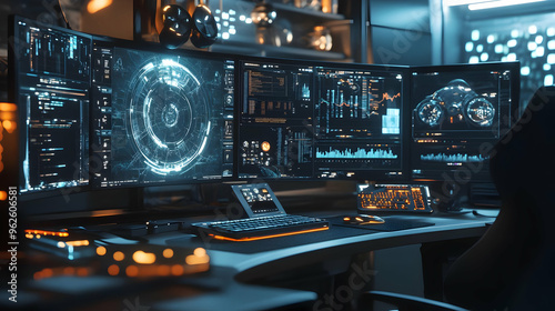 Cyberpunk Desktop Setup - Futuristic Workstation with Multiple Monitors photo