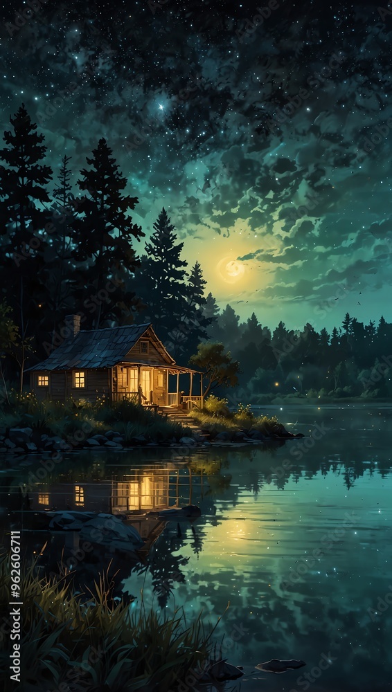 Fototapeta premium a painting of a cabin with a night sky and a lake with a tree in the background.