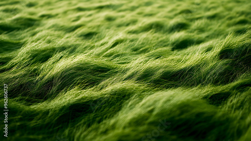 Close-up of wind-swept green grass, with soft ripples creating a natural wave across