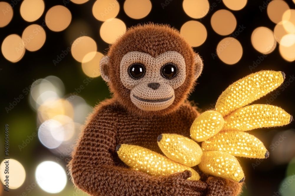 Fototapeta premium Cute Monkey Holding a Bunch of Bananas with Bokeh Lights in the Background