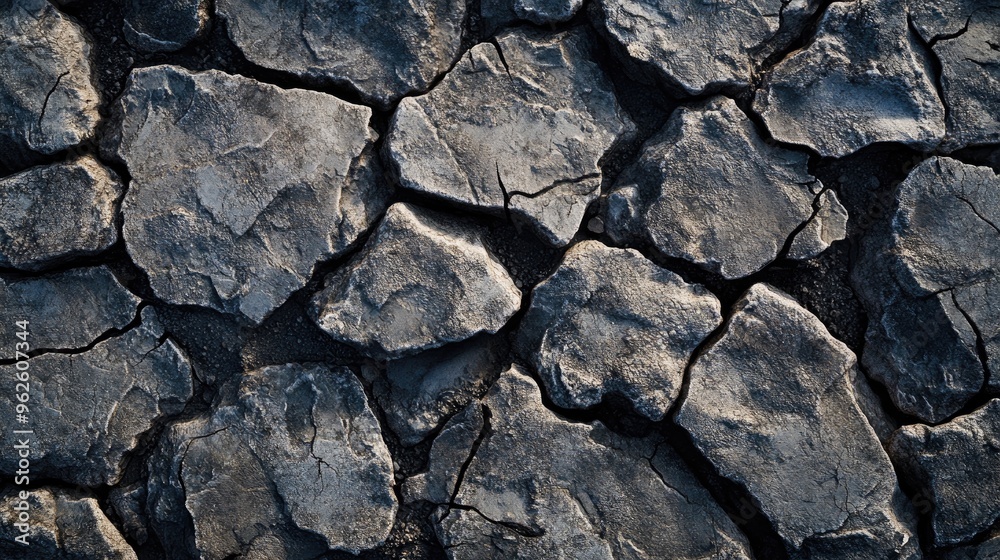 Fototapeta premium Cracked, dry stone surface background with deep fissures and a rugged appearance, ideal for dramatic scenes.
