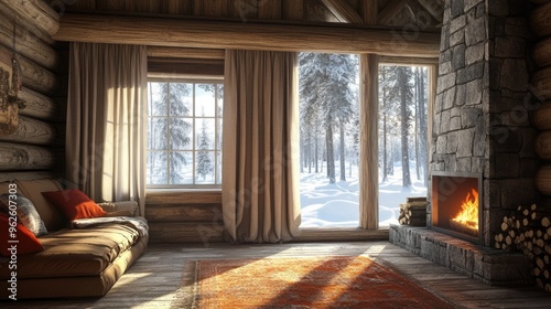 Cozy, thermal curtains in a winter cabin, helping to keep the warmth in and the cold out with a rustic touch. photo