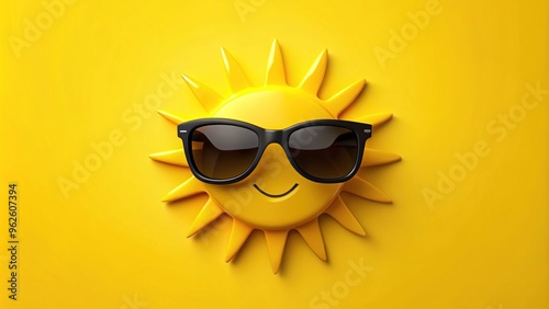 A bold, radiant sun icon adorned with trendy black sunglasses, projecting a measured air of refinement and insouciance against a sunny yellow backdrop. photo