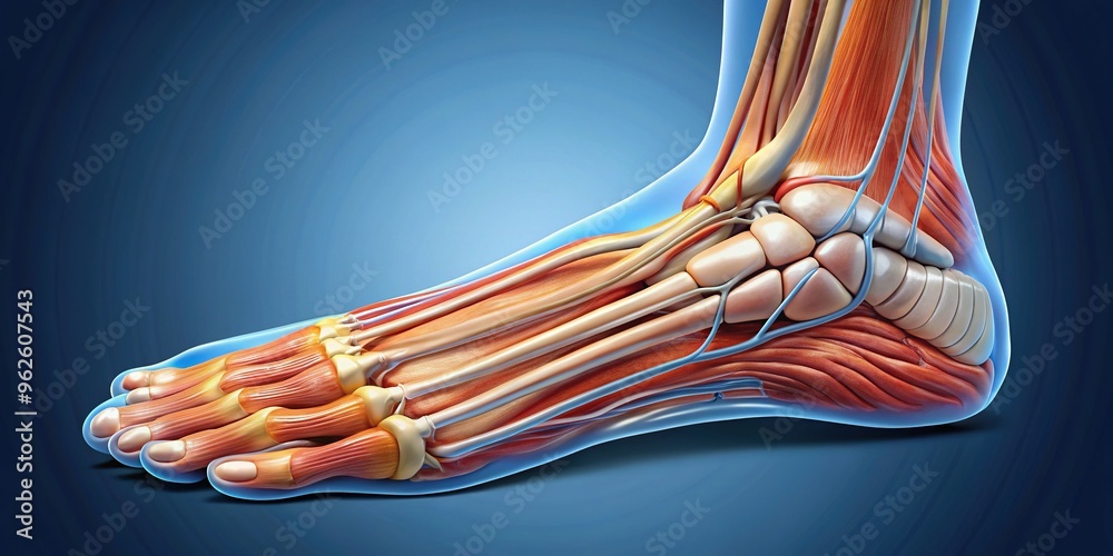 A close-up illustration of a human foot showing detailed anatomy ...