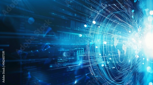 Digital Data Stream: A high-tech tunnel of binary code and global connections accelerates into a bright future, signifying the rapid evolution of technology and information. 