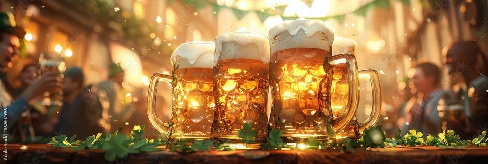 Beer mugs on a wooden table with a blurred background of a crowd of people celebrating. AI. Beer mugs on a wooden table with a blurred background of a crowd of people celebrating. AI.