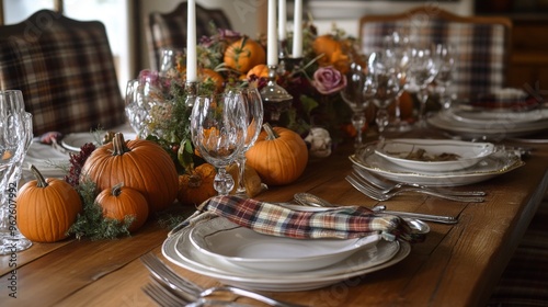 Rustic Autumn Table Setting with Pumpkins and Candles