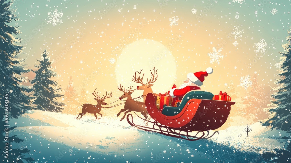 Naklejka premium Santa Claus Riding Sleigh with Reindeer in Winter Wonderland with Snowflakes at Sunset