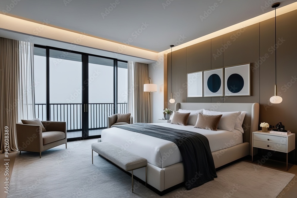Fototapeta premium Sophisticated Minimalist Bedroom Decor Featuring Bed Nightstand and Ambient Lighting
