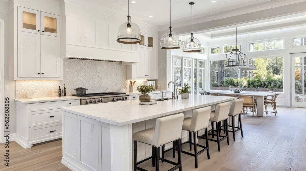 Elegant white kitchen with a central island, marble backsplash, and contemporary pendant lights Elegant white kitchen with a central island, marble backsplash, and contemporary pendant lights