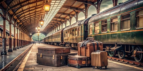 Old classical train parked at a rustic station platform surrounded by vintage luggage, retro signage, and nostalgic atmosphere photo