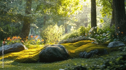 Enchanting woodland garden with moss-covered rocks, wildflowers, and dappled sunlight. photo