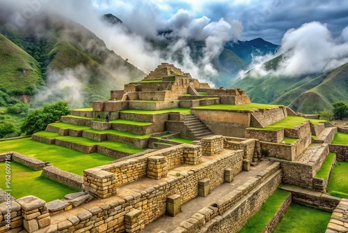 Ancient Inca-era ruins of Chimú civilization, Peru, featuring intricate stone carvings, crumbling walls, and majestic architecture surrounded by lush greenery and misty atmosphere. photo