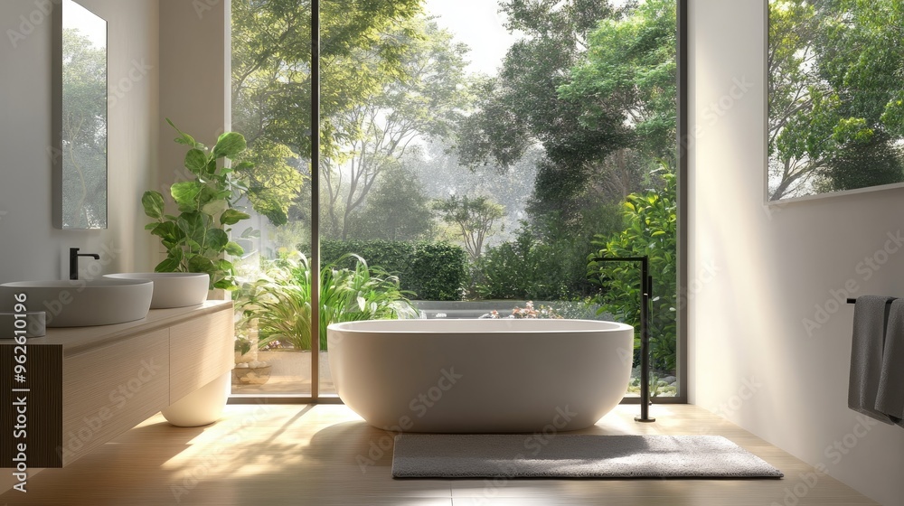 Modern bathroom with a frosted glass window providing privacy and a view of a serene garden Modern bathroom with a frosted glass window providing privacy and a view of a serene garden