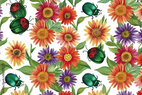 Vibrant Watercolor Floral Design Featuring Daisies and Green Beetles photo