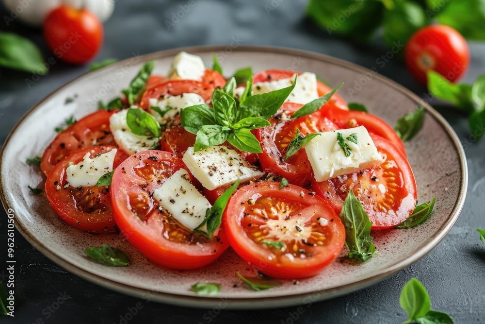 Fresh Tomato Mozzarella Salad with Basil and Olive Oil on a Rustic Plate Fresh Tomato Mozzarella Salad with Basil and Olive Oil on a Rustic Plate