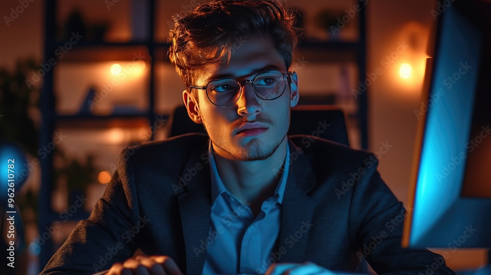 Focused Young Man with Glasses Working Late in Office with Ambient Lighting Focused Young Man with Glasses Working Late in Office with Ambient Lighting