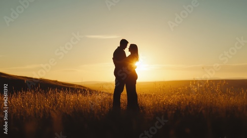 Romantic Sunset Embrace: A Silhouetted Couple's Moment of Tenderness