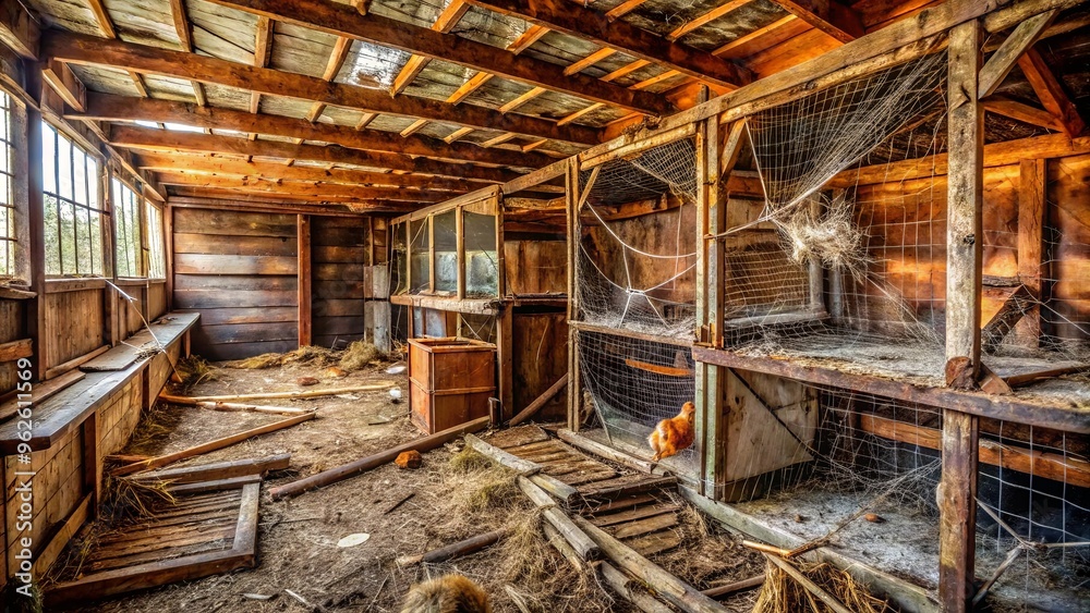 Dirty, abandoned chicken coop interior with cobwebs and rusted metal, suitable for rustic or spooky themes Dirty, abandoned chicken coop interior with cobwebs and rusted metal, suitable for rustic or spooky themes