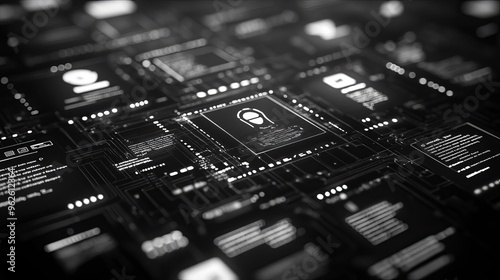 Social engineer crafting a deceptive identity online, multiple social media profiles open on a dark interface, top view, symbolizing cyber fraud, futuristic tone, black and white