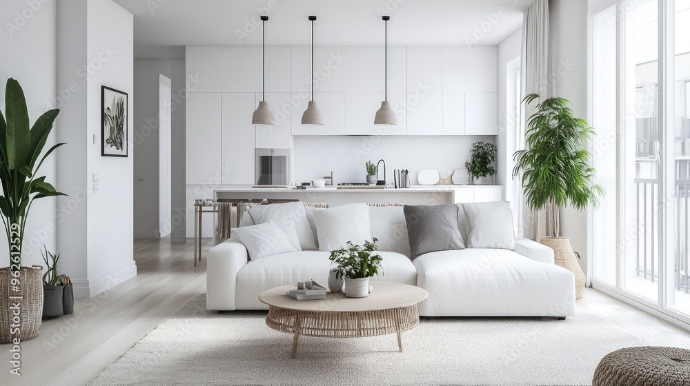 Scandinavian-style white living area with clean lines, a neutral rug, and a touch of greenery from a potted plant. Scandinavian-style white living area with clean lines, a neutral rug, and a touch of greenery from a potted plant.