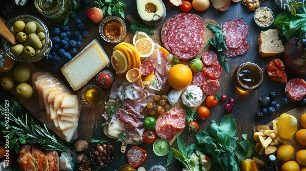 A Feast of Delectable Delights: A Delicious Arrangement of Salami, Cheese, Fruits, and Vegetables A Feast of Delectable Delights: A Delicious Arrangement of Salami, Cheese, Fruits, and Vegetables