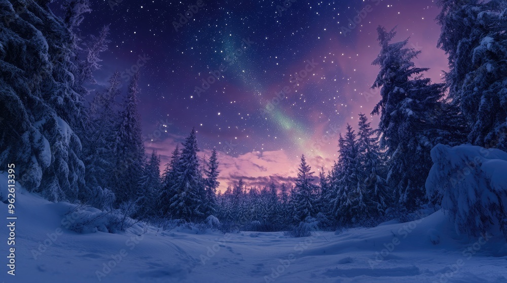 Snow-covered forest clearing under a starlit sky, with the Northern Lights glowing softly in the distance Snow-covered forest clearing under a starlit sky, with the Northern Lights glowing softly in the distance