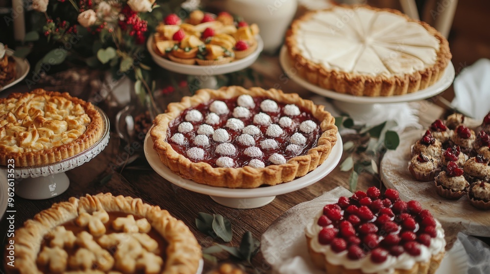 Assortment of Pies and Tarts on Rustic Wooden Table Assortment of Pies and Tarts on Rustic Wooden Table
