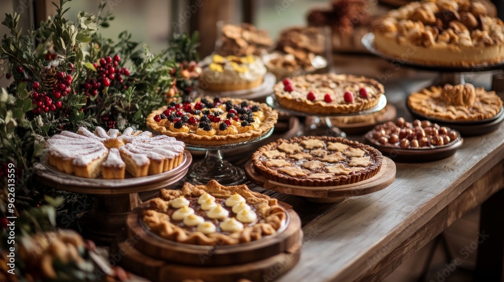 A Rustic Table Display of Various Pies and Tarts