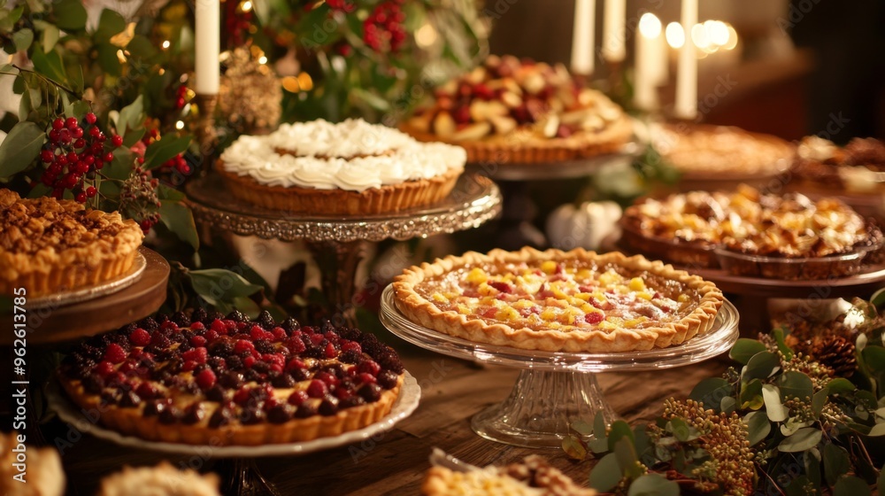 A Table Decorated with Various Fruit Pies and Greenery A Table Decorated with Various Fruit Pies and Greenery