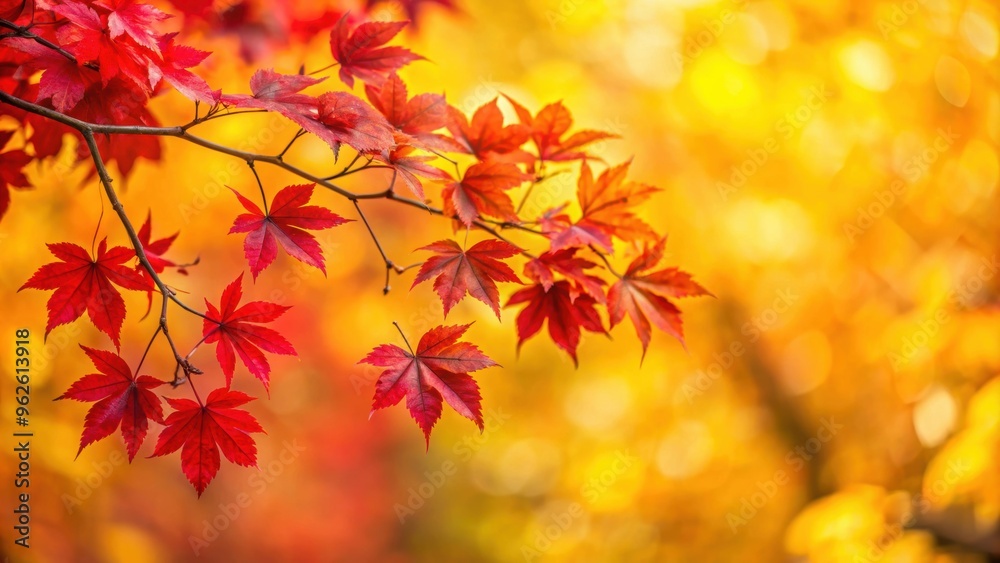 Vibrant fall foliage with bright red leaves on delicate branches against a blurred golden yellow background, fall, foliage Vibrant fall foliage with bright red leaves on delicate branches against a blurred golden yellow background, fall, foliage