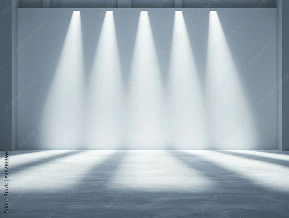 Obraz premium Four spotlights illuminate a blank white wall, casting long shadows on the concrete floor.