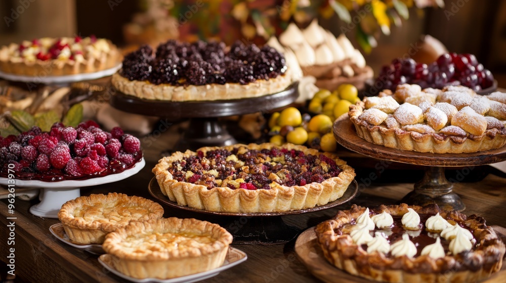 Assortment of Fruit Pies on Wooden Table Assortment of Fruit Pies on Wooden Table