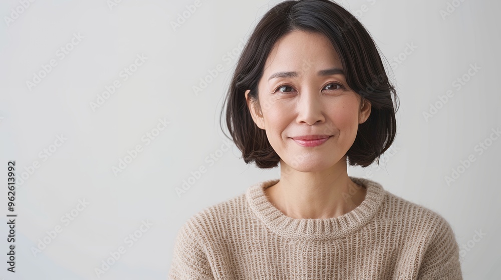 部屋で微笑む中年女性 美容イメージ AI 部屋で微笑む中年女性 美容イメージ AI