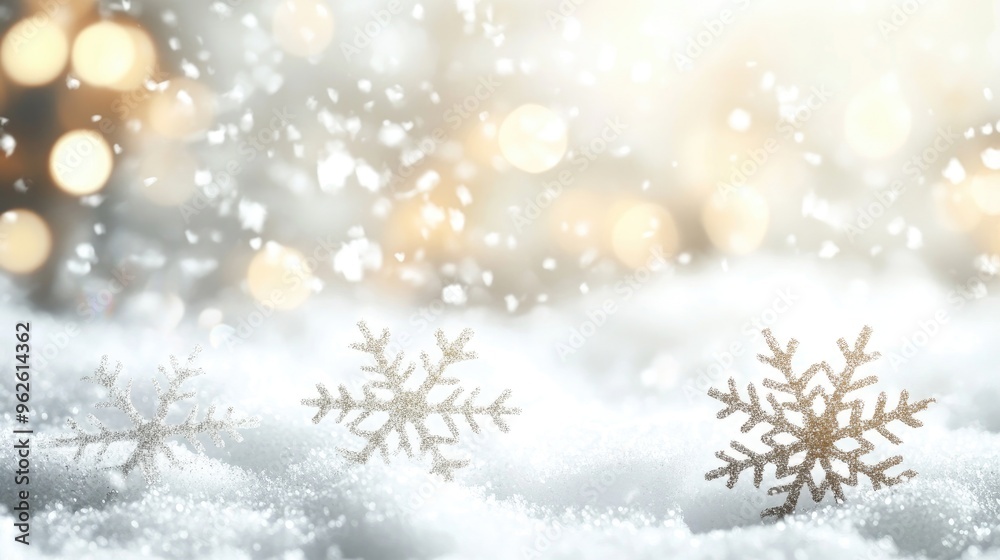 Soft-focus snowflakes falling against a white Christmas background, with subtle twinkling lights in the distance - Soft-focus snowflakes falling against a white Christmas background, with subtle twinkling lights in the distance -