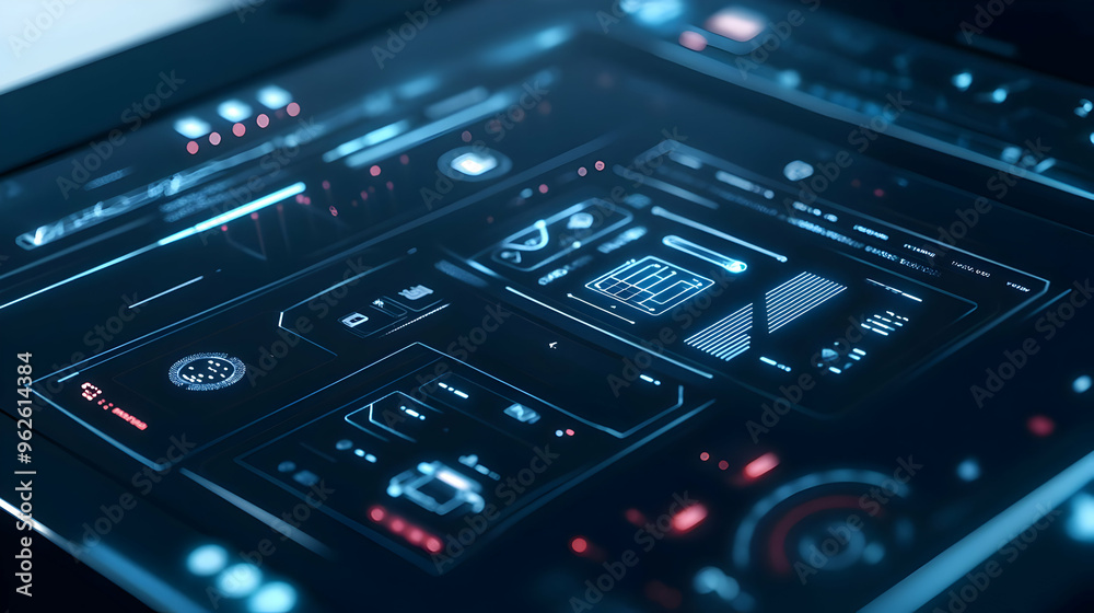 Obraz premium Futuristic Digital Interface with Blue and Red Lights 3D Illustration