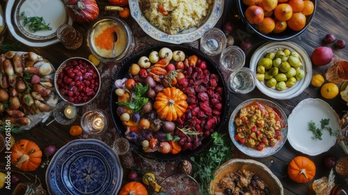 A Rustic Table Setting with Various Dishes and Pumpkins