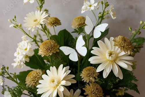 White Butterflies and Milky Flowers in Golden Harmony